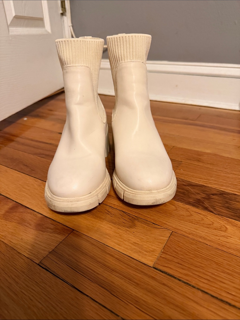 Cream Rib-Knit Chelsea Ankle Booties